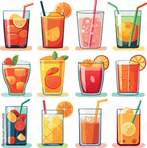 Colorful summer drinks collection vector illustration with citrus fruits and straws