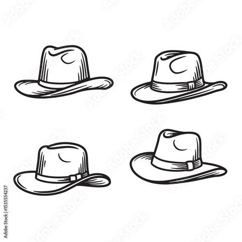 A set of four elegant black and white silhouette fedora hats in different angles and styles for fashion design