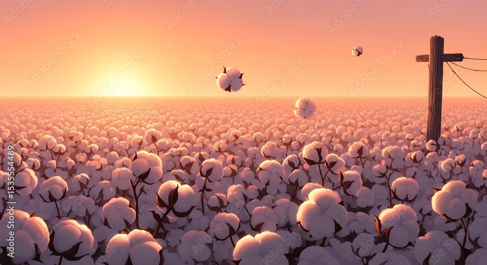 Fototapeta premium Cotton Field Sunset: A Vast Expanse of White Bolls under the Evening Sky