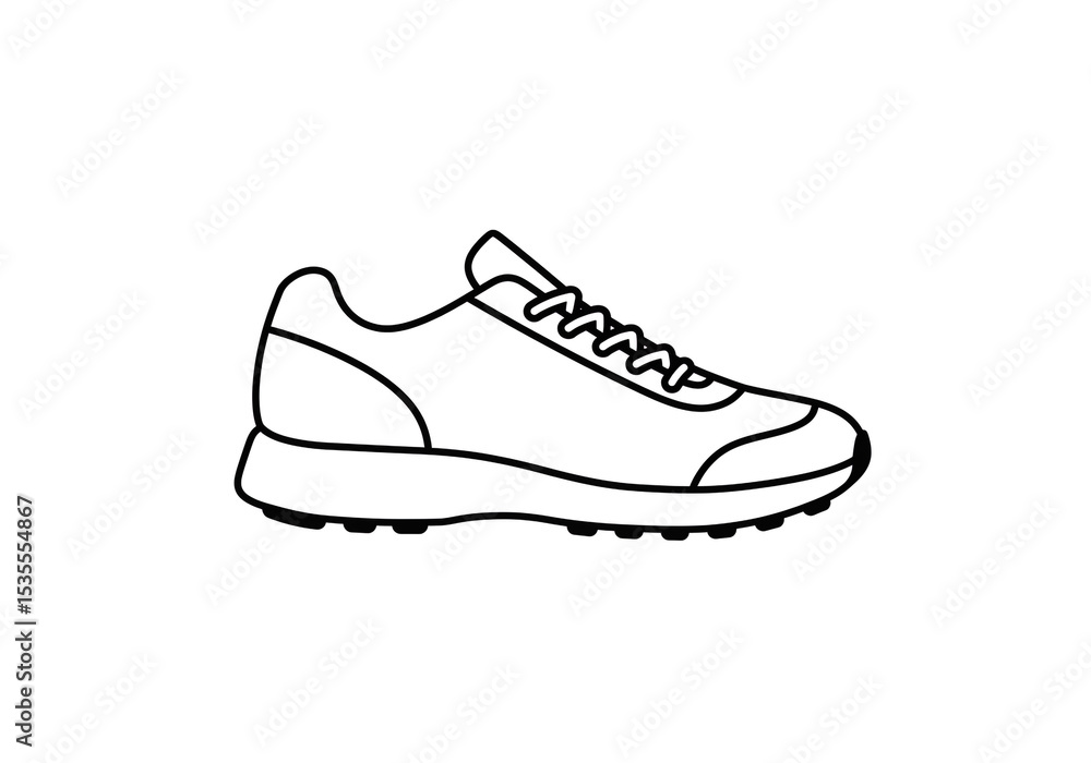 Isolated outline drawing of a running shoe with laces and textured sole on a white background Isolated outline drawing of a running shoe with laces and textured sole on a white background