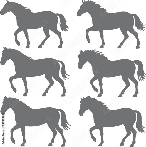Six Grey Horse Silhouettes Various Poses Side Profile Equine Animals Farm Animals Gray Color Palette Simple Design Vector Graphic