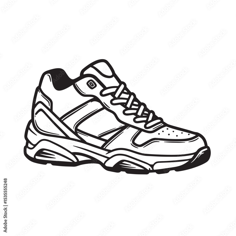 Black and white vector illustration of a stylish athletic sneaker shoe design with a modern silhouette for fashion or sports use Black and white vector illustration of a stylish athletic sneaker shoe design with a modern silhouette for fashion or sports use