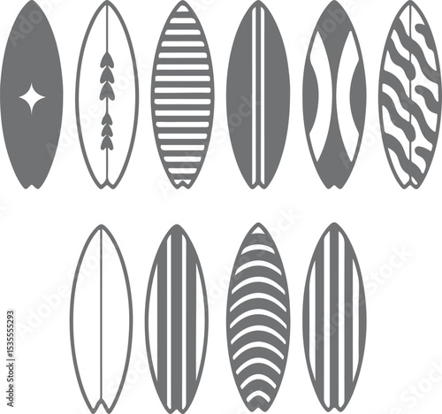 Twelve Grey and White Surfboard Silhouettes with Varied Designs Collection of Paddleboard Icons Graphic Elements for Water Sports Branding