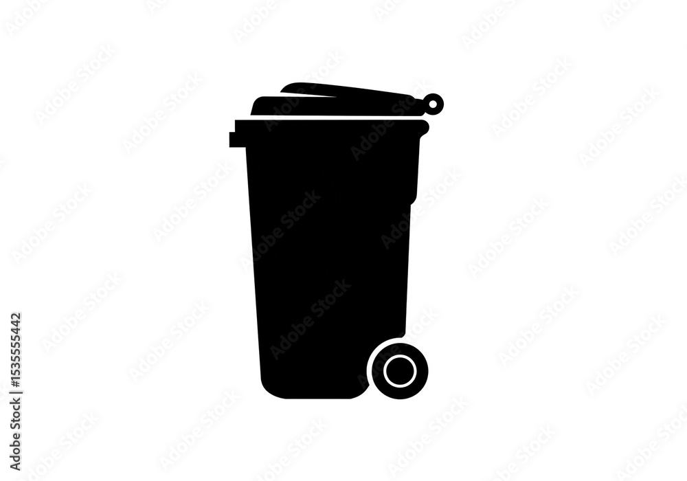 A black silhouette of a wheelie bin with a slightly open lid isolated on a white background A black silhouette of a wheelie bin with a slightly open lid isolated on a white background