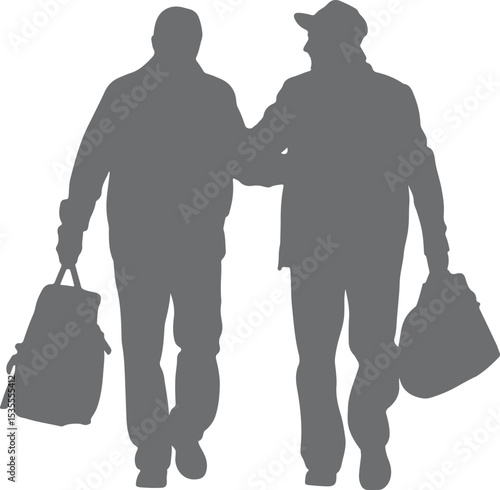 Two Grey Silhouettes of Men Walking Together Carrying Bags Side by Side Simple Minimalist Vector Illustration