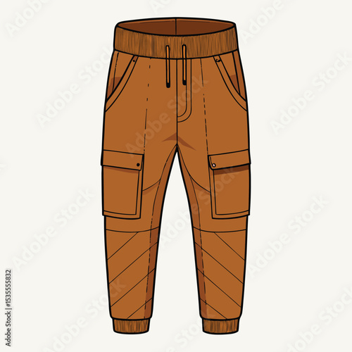 Brown cargo pants vector illustration with pockets and drawstring for fashion design