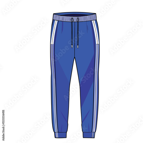 Blue sporty sweatpants illustration with white stripes and a drawstring vector illustration