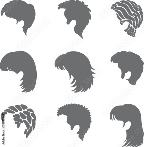 Nine Gray Hairstyle Silhouettes Diverse Short Hair Styles Side Profile Views Woman Fashion Design Elements