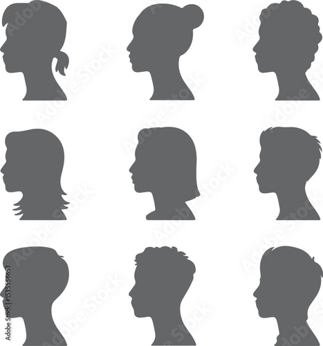 Nine Gray Human Head Silhouettes Profile Views Diverse Hairstyles Male Female vector