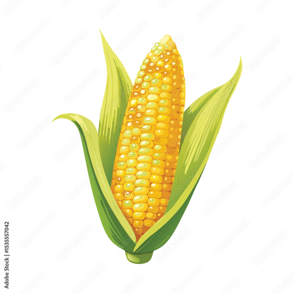 Obraz premium Realistic detailed vector illustration of a sweet corn cob with leaves isolated on white