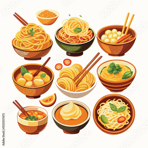 Delightful vector illustration of various bowls of asian noodles and soups for food design