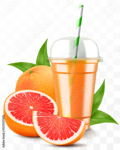 Clear plastic cup with grapefruit juice or smoothie. Cup with sphere dome cap for milkshake, lemonade. Fruity organic shake with ice cube. Fruit cocktail. Realistic 3d vector template