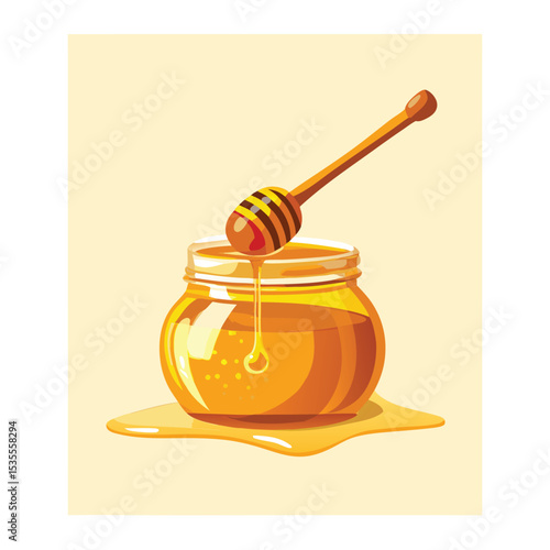 Delicious jar of honey with dipper and dripping honey vector illustration