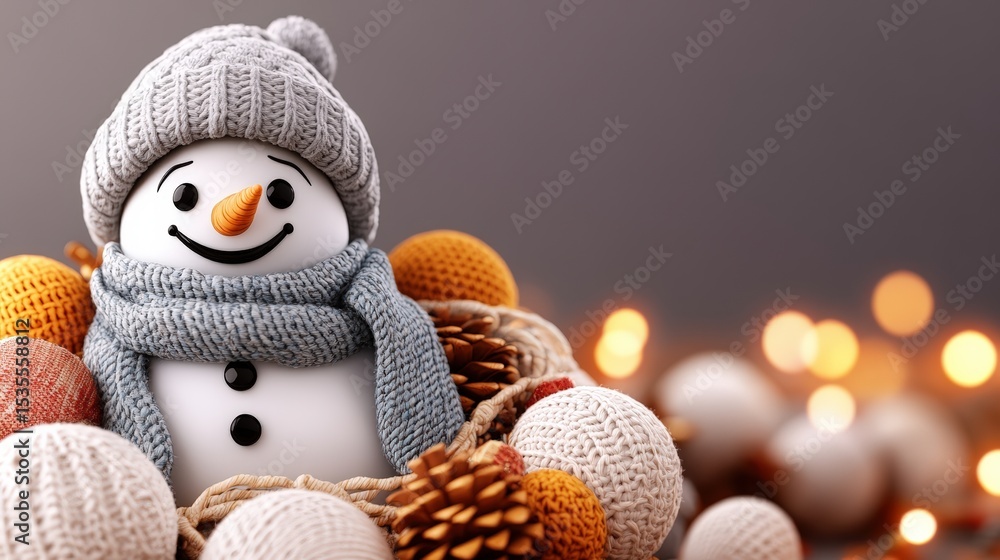 Obraz premium Adorable Snowman Toy with Gray Knitted Hat and Scarf Surrounded by Festive Ornaments and Pine Cones