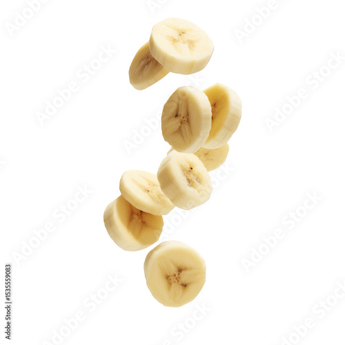 Sliced bananas falling isolated on transparent background