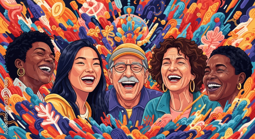 Group of People Laughing Together – Diverse Friends Enjoying Humor, Happy Faces, Social Joy Moment, Laughter and Levity in Community Gathering Scene