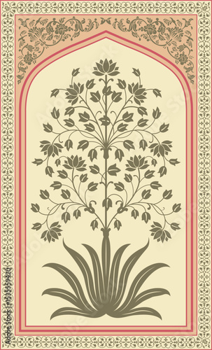 Traditional Mughal Indian flower motif. Mughal hand drawn flower, Mughal wall paintings. 