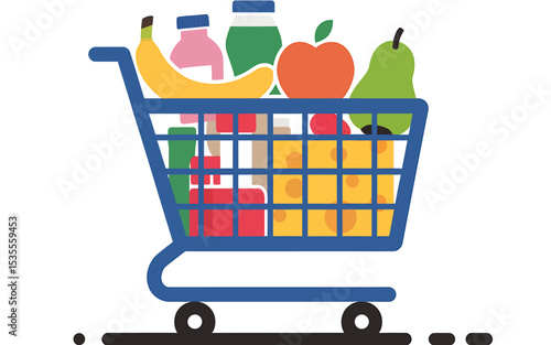 A Blue Shopping Cart Filled with Fresh Produce and Groceries
