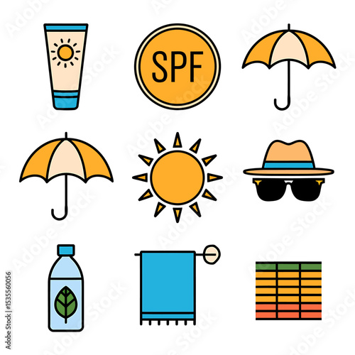 Nine Essential Summer Sun Protection Icons A Vector Illustration
