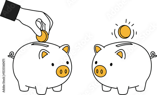Piggy Bank Savings – Coin, Deposit – Money Saving Icon, Hand Inserting Coin – Financial Growth Concept, Budget and Investment Illustration

