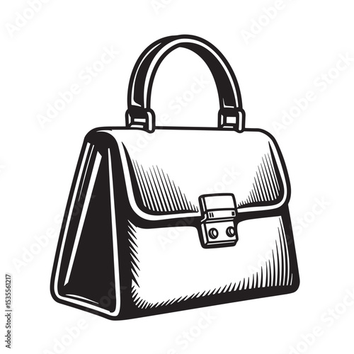 Elegant handbag silhouette illustration in a classic black and white engraving style perfect for fashion designs and decorative purposes
