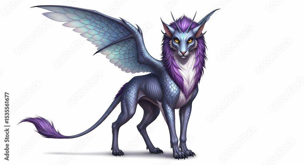 Fototapeta premium Majestic Griffin: Fantasy Creature Art - Purple & Blue Winged Lion