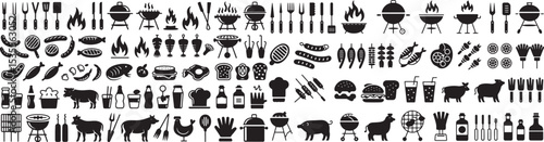 Barbecue and grilling icons BBQ horizontal set of high-quality black and white vector-style icons. The set includes various cooking utensils, spatulas, tongs, knives, and a grill