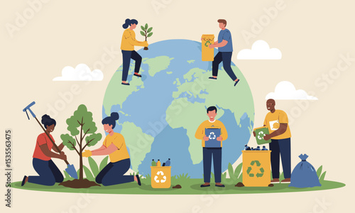 Flat illustration of people actively participating in tree planting, and recycling for World Environment Day. Ideal for environmental campaigns, CSR reports, educational materials