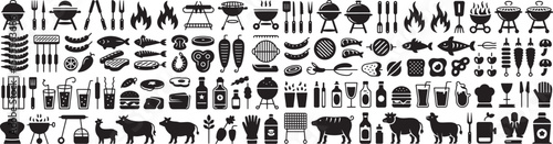 Barbecue and grilling icons BBQ horizontal set of high-quality black and white vector-style icons. The set includes various cooking utensils, spatulas, tongs, knives, and a grill