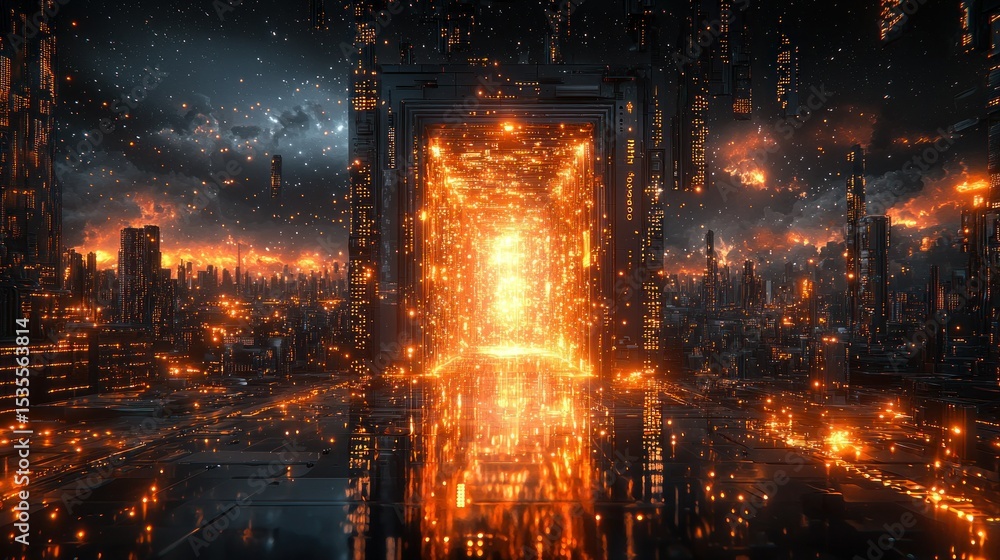 Fototapeta premium Fiery portal over a futuristic city