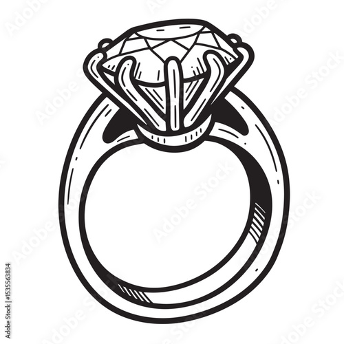 Hand drawn illustration of a stunning engagement ring with a large diamond showcasing a refined design and a classic silhouette.