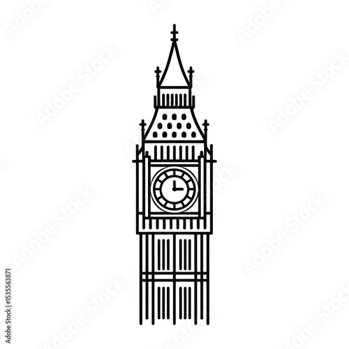 Big Ben Clock Tower London Icon, Vector, Illustration, Icon, Outline, Line Art, Silhouette, Logo, White Background.