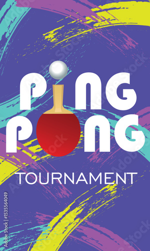 Ping ping tournament poster, rackets and ball, abstract background brush stroke texture. Competition banner design, sports hobby, activity, healthy lifestyle, sports club