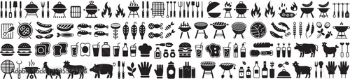 Barbecue and grilling icons BBQ horizontal set of high-quality black and white vector-style icons. The set includes various cooking utensils, spatulas, tongs, knives, and a grill