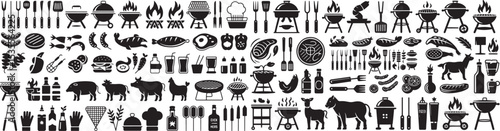 Barbecue and grilling icons BBQ horizontal set of high-quality black and white vector-style icons. The set includes various cooking utensils, spatulas, tongs, knives, and a grill