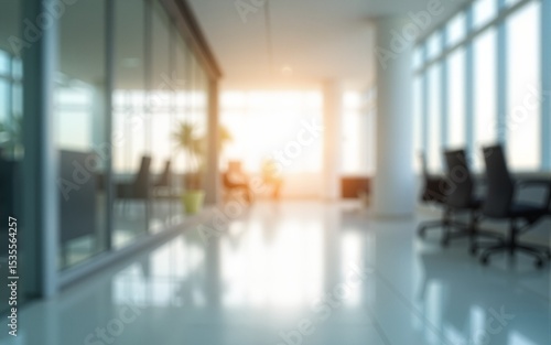 Bright office corridor captured with a soft blur effect, showing structured layout, glass partitions, and abundant daylight in a clean modern setting. High quality