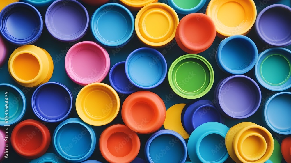 Colorful plastic bottle caps are scattered randomly creating vibrant pattern and interesting close up perspective. Colorful plastic bottle caps are scattered randomly creating vibrant pattern and interesting close up perspective.