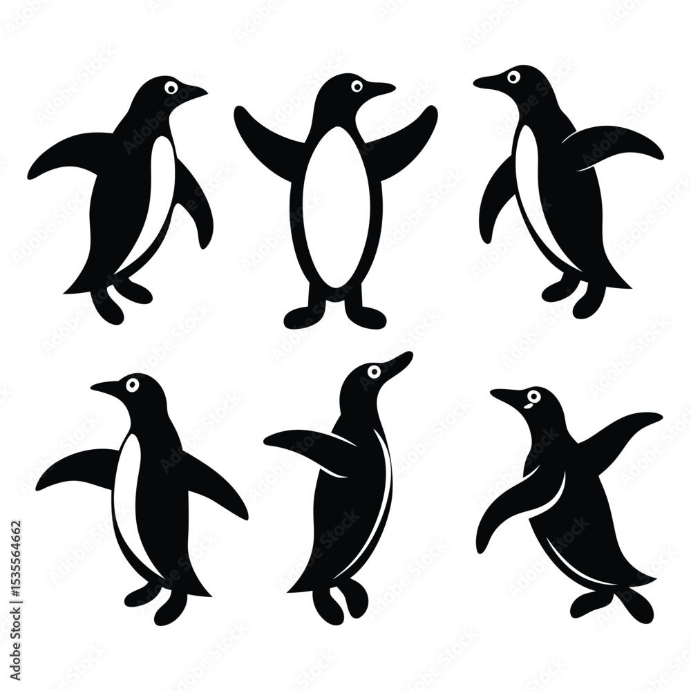 Obraz premium A group of black and white stylized penguin illustrations isolated on a white background