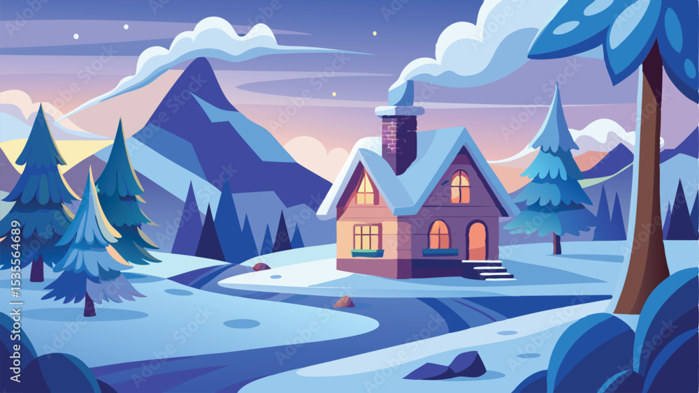 Illustrated Winter Landscape with House, Snowy Mountains, Trees, and Smoke Coming from Chimney Illustrated Winter Landscape with House, Snowy Mountains, Trees, and Smoke Coming from Chimney