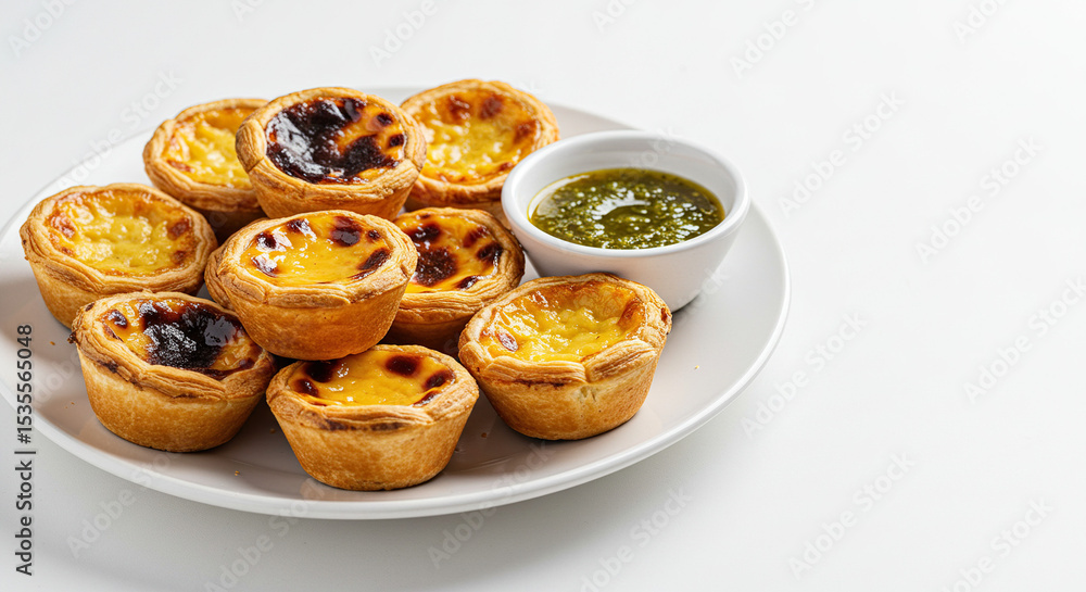 Fototapeta premium Empadinhas de queijo arranged on a white plate with a small bowl of vibrant green sauce, isolated on white background