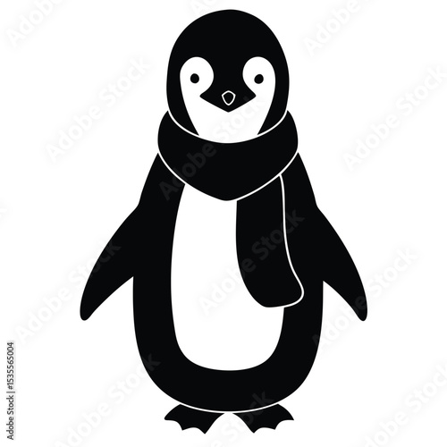 Adorable black and white penguin wearing a scarf vector illustration against white background