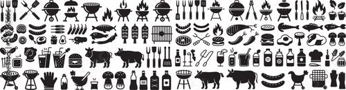 Barbecue and grilling icons BBQ horizontal set of high-quality black and white vector-style icons. The set includes various cooking utensils, spatulas, tongs, knives, and a grill