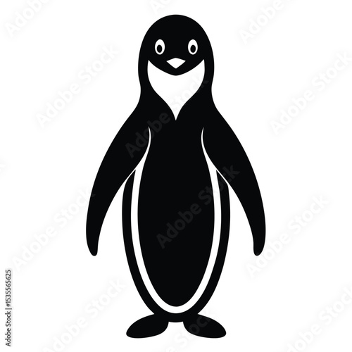 Black and white illustration of a friendly penguin smiling on a white background
