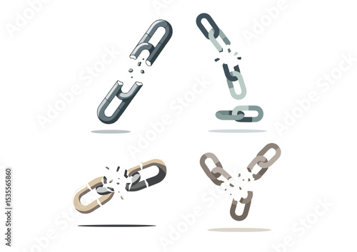 Broken chain link falling apart mid-air with simple geometric form, symbolizing detachment and liberation on transparent background