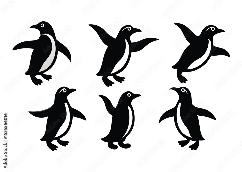Naklejka premium Black and white penguin silhouettes in various poses on isolated white background
