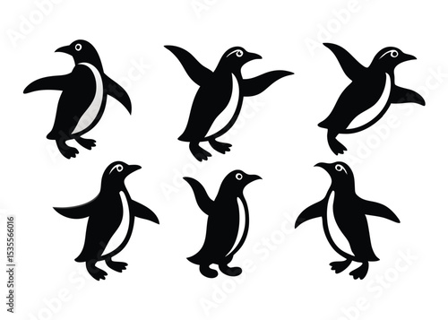 Black and white penguin silhouettes in various poses on isolated white background