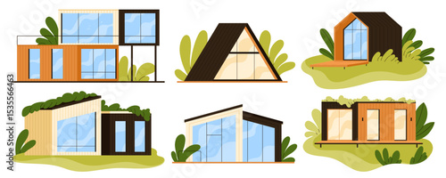 Set of modern modular houses. Compact eco-friendly cabins or container homes with large windows, green roofs, and wooden paneling. Tiny house concept. Flat vector illustration in clean cartoon style.
