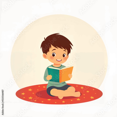 Joyful boy reading on star-pattern rug, inspiring imagination