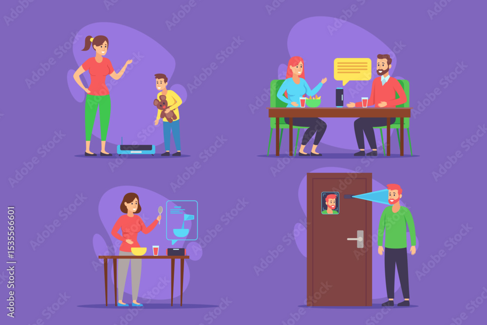 Fototapeta premium In vibrant setting, family members engaged in various activities. Adults conversing at table, while child playing with robot. Interactions around technology and daily life concept