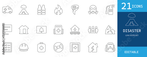 Disaster line icon set featuring rescue, fire, flood, tornado, volcano, storm, safety, emergency, medical kit, evacuation, alert, survival, and first aid